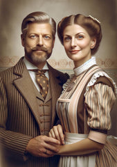 Rendition of a man resembling Hans Riegel Sr and a woman resembling his wife Gertrud